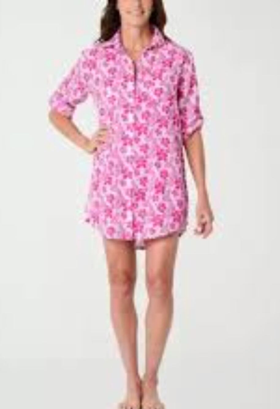 SONNET SHORES Top size XL HOT PINK Floral Button 3/4 Sleeve NWT